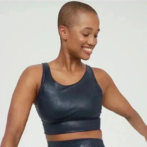 New Offline by Aerie Hugger Faux Leather Sports Bra Crackle Steel Blue